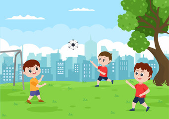 Obraz na płótnie Canvas Playing Football with Boys Play Soccer Wear Sports Uniform Various Movements Such as Kicking, Holding, Defending, Parrying and Attacking in Field. Vector Illustration