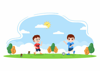 Obraz na płótnie Canvas Playing Football with Boys Play Soccer Wear Sports Uniform Various Movements Such as Kicking, Holding, Defending, Parrying and Attacking in Field. Vector Illustration
