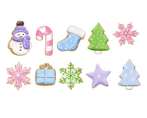 Big watercolor set of isolated gingerbread for christmas cards, party decor, fabric