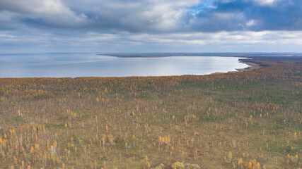 Panoramic aerial view over marshland river delta and bay of the large freshwater lake Peipsi in Eastern Estonia