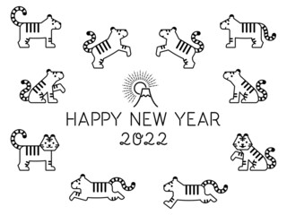 Obraz premium 色々なポーズの記号的な虎の線イラストと文字