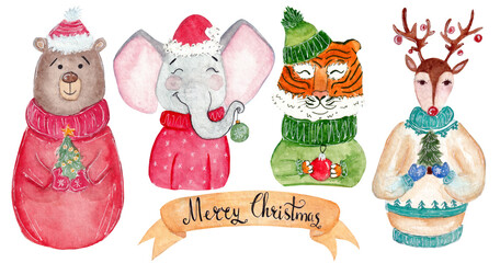 Colorful watercolor collection, animals in Christmas style. Elephant, bear, tiger, deer and banner with lettering