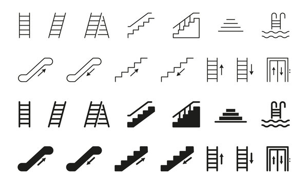 Set of Stairs Line and Silhouette Icon. Collection Staircases Outline Icon. Elevator, Ladder, Stairway, Escalator, Pool Stair Linear Pictogram. Editable Stroke. Isolated Vector Illustration