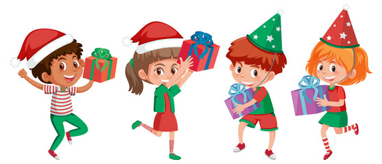 Set of a children cartoon character holding a their gift box in Christmas theme