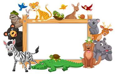 Empty wooden frame with various wild animals