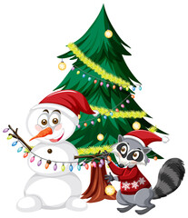 Fototapeta na wymiar Santa Claus with Snowman and Christmas tree