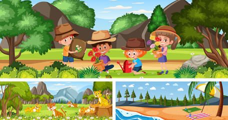 Obraz na płótnie Canvas Set of different outdoor panoramic landscape scenes with cartoon character