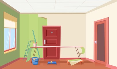 Hallway in house. Wallpaper works. Renovation of room in residential building. Wallpapering. Door and window. Furniture in interior. Illustration cartoon style flat design. Vector