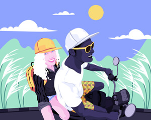Interracial couple riding motorbike on vacation