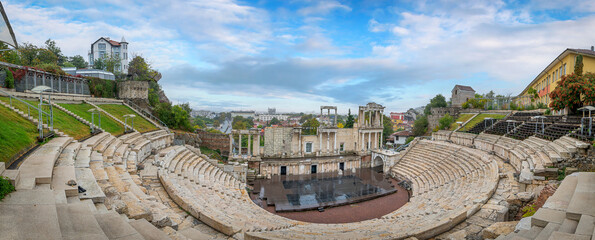 Panorama of the Amphitheatre in Plovdiv , Bulgaria - European capital of culture 2019. Ancient...