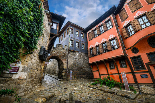 Plovdiv, Bulgaria. Hisar Kapia - Ancient Gate and History Museum in the old town of Plovdiv. Old traditional Bulgarian houses