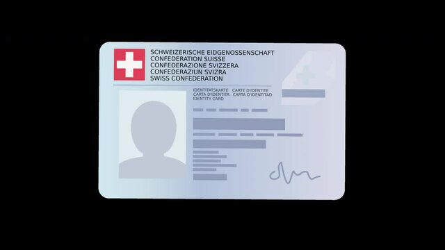 A hand present an identity card of the Swiss Confederation with alpha channel (Swiss Confederation are written in the 5 official languages: French, German, Italian, English, Romansh) (Flat design)