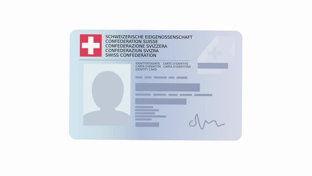 A hand present an identity card of the Swiss Confederation on white background (Swiss Confederation are written in the 5 official languages: French, German, Italian, English, Romansh) (Flat design)