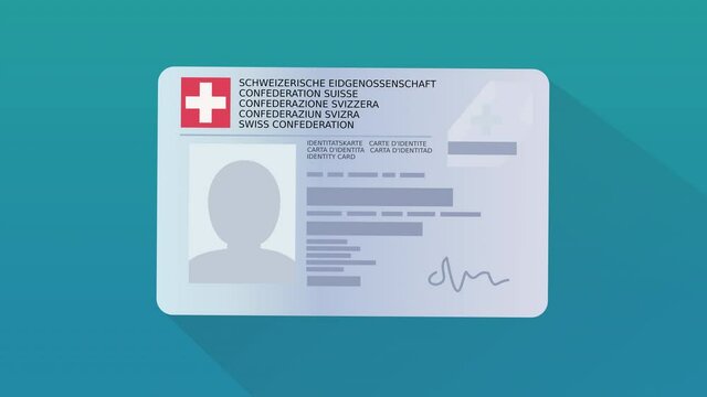 A hand present an identity card of the Swiss Confederation on blue background (Swiss Confederation are written in the 5 official languages: French, German, Italian, English, Romansh) (Flat design)