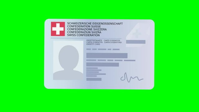 A hand present an identity card of the Swiss Confederation on green background (Swiss Confederation are written in the 5 official languages: French, German, Italian, English, Romansh) (Flat design)