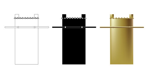 The golden altar of Incense. Gold rectangle with two wooden poles on the sides. One of the Jewish Temple vessels in Jerusalem. Vector painting for coloring, color, and black silhouette. Isolated icon