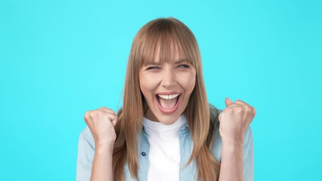 Cheerful dreamy winner lady appreciate achievement