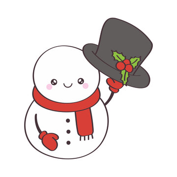 Funny snowman cartoon. Christmas snowman with a festive hat in his hands and a cute smile. Vector illustration of snowman for nursery room decor, posters, greeting cards and party invitations