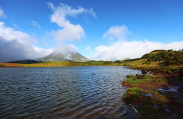 Lagoa Do Capitao with Pico mountain in the background, Pico island, Azores