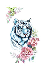 Watercolor tiger head with flowers and zodiac sign, face for postcards,calendars,badges, T-shirt print template vintage design elements. Isolated on a white background.