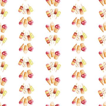 Watercolor seamless patterns with images of popsicles and ice cream in waffle cups