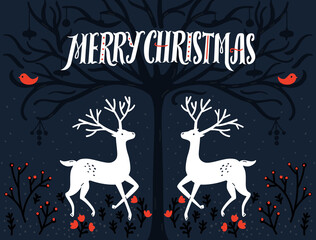 Folk art Christmas card. Two deers under ornate tree, vintage traditional scandinavian illustration