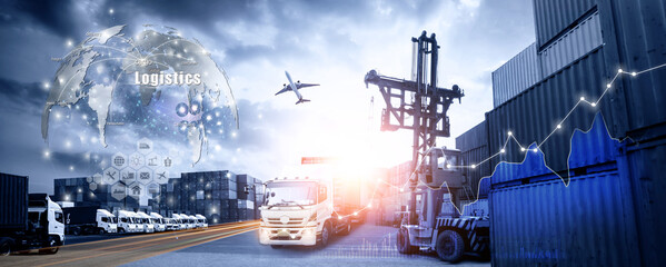 World map with logistic network distribution on background. Logistic and transport concept in front Industrial Container Cargo freight ship for Concept of fast or instant shipping, Online goods orders