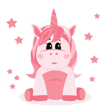 Vector illustration of a pink little unicorn with stars on a white background.