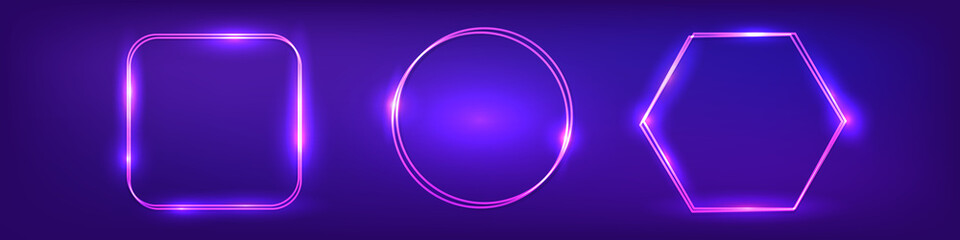 Set of neon double frames with shining effects