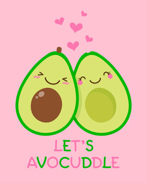 Cute couple avocado cartoon illustration with text &ldquo;Let's avocuddle&rdquo; for valentine&rsquo;s day card design.