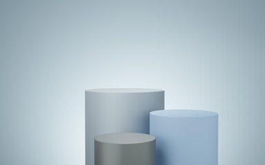 3 Empty gray and blue cylinder podium floating on white copy space background. Abstract minimal studio 3d geometric shape object. Pedestal mockup space for display of product design. 3d rendering.