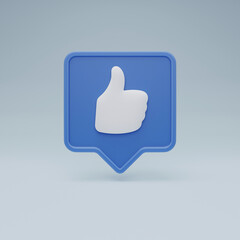 Obraz premium Thumb up social media notification icon on pastel blue background with shadow. I like it, hand, finger up in box bubble symbol - 3D illustration