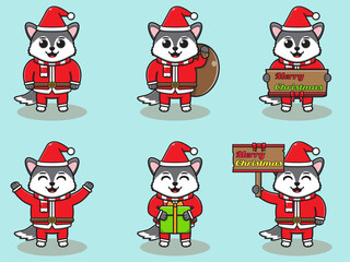 Vector illustration of cute Wolf Santa mascot or character. Christmas design element. Vector illustration isolated on light blue background