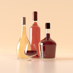 Three bottles of alcohol without labels. Bottled white, pink and cognac, a glass of cognac. Element for design. 3d illustration