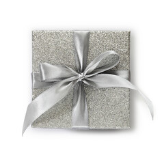 gift silver glittering box with ribbon bow, isolated on white background, top view, useful for merry christmas, black friday, cyber Monday or valentine day shopping concept
