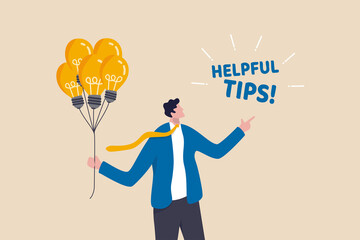 Helpful tips for business, useful ideas or smart trick to success, advice or suggestion information for improvement concept, smart businessman holding lightbulb ideas balloon telling helpful tips. - obrazy, fototapety, plakaty