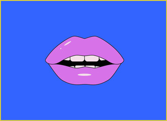 Sexy lips, female lips with fuchsia lipstick isolated on a blue background. Lips in the style of pop art. Vector illustration. 