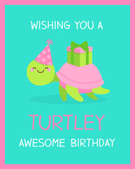 Cute turtle with gift box illustration for birthday greeting card.