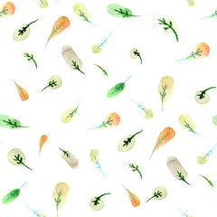 Fototapeta premium Cute watercolor little leaves on white background seamless pattern