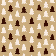Christmas seamless pattern of white and brown small  silhouette Christmas trees on brown kraft paper. Modern minimal hand drawn vector illustration	