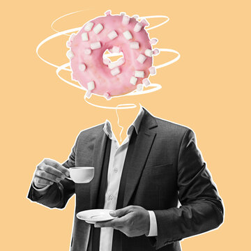 Modern design, contemporary art collage. Inspiration, idea, trendy urban magazine style. Man in business suit with glazed donut instead head