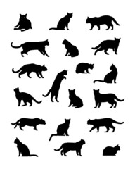Big Set of Black Cats Silhouette on White Background. Icon Vector Illustration. Concept for  Logo, Print, Sticker.