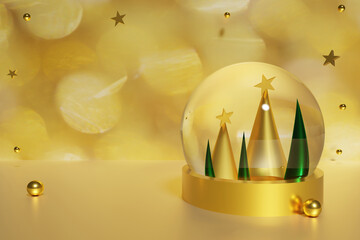 3d render of gold snow globe with green and golden cone Christmas trees with balls and stars and bokeh background