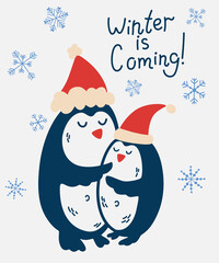 Couple of penguins hugging. Happy New Year or Christmas card. Perfect for greeting cards, invitations, flayers. Vector cartoon Holiday illustration.