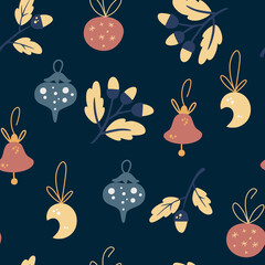 Christmas Balls Seamless pattern. Twigs with acorns and holidays decorations. Winter holiday season new year event. Perfect for invitations, greeting cards, wallpaper and gift paper. Vector