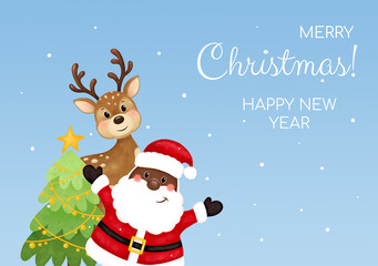 Merry christmas and happy new year greeting card. Black santa, deer, trees, stars, snow. African American Santa. Format A5