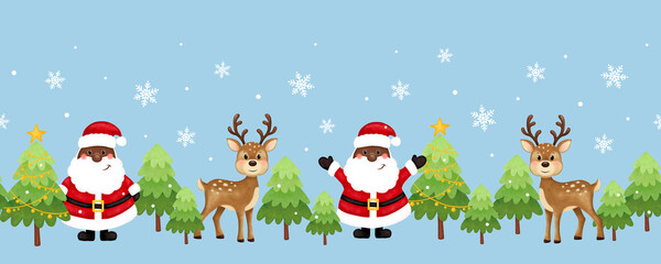 Seamless Christmas pattern. Black santa, deer, trees, stars, snow. African American Santa. New Year and Christmas holidays, New Year's decor for home and clothes.