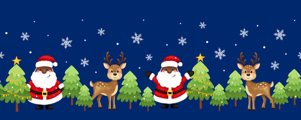 Seamless Christmas pattern. Black santa, deer, trees, stars, snow. African American Santa. New Year and Christmas holidays, New Year's decor for home and clothes.
