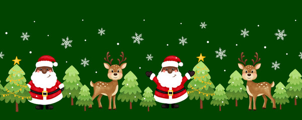 Seamless Christmas pattern. Black santa, deer, trees, stars, snow. African American Santa. New Year and Christmas holidays, New Year's decor for home and clothes.