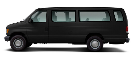 Side view of a classic American passenger minibus in black. Isolated on a white background.